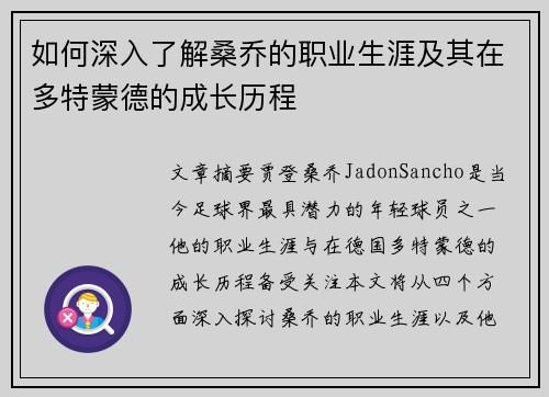 如何深入了解桑乔的职业生涯及其在多特蒙德的成长历程