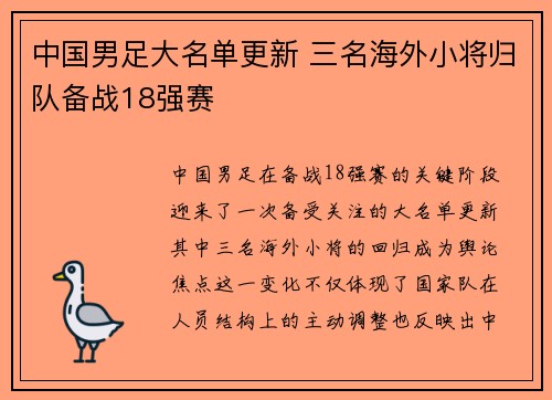 中国男足大名单更新 三名海外小将归队备战18强赛