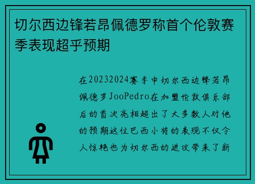 切尔西边锋若昂佩德罗称首个伦敦赛季表现超乎预期